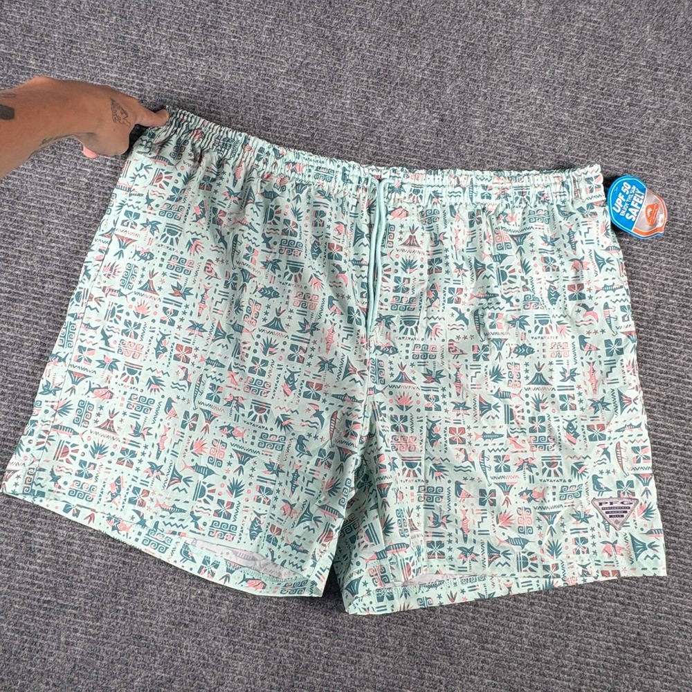 Columbia PFG Water Shorts Mens XXL Green New Tiki Totem Print UPF 50